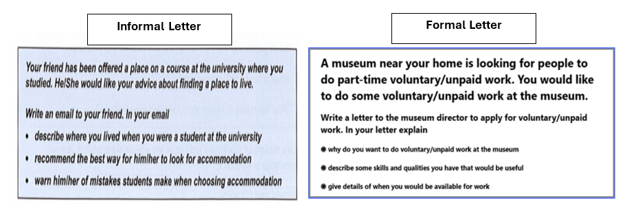 The picture shows the difference in question type of IELTS formal and informal letter