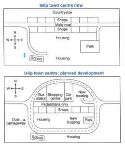 The maps below show the center of a small town called Islip as it is now, and plans for its redevelopment.