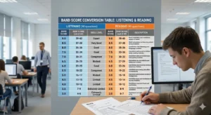 the picture shows a person who is solve ielts exam with band score tables for listening, reading academic and general training reading